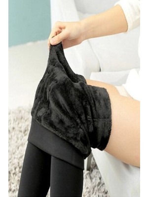 C&City Kadın Siyah Termal Peluş Tayt L - XL Rahat ve Yumuşak Dokulu Spor Stil