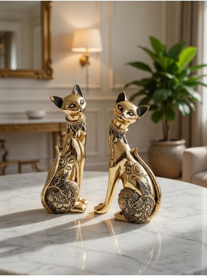 Vadi 21 cm 2'li Altın Reng Kedi Biblo - Lüks Görünümlü Dekoratif Heykel, Ev & Ofis Için Şık Obje
