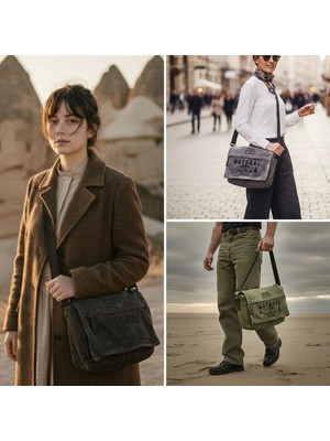 Cappadocia Vintage 4028 Kahverengi Salaş Omuz Çantası Pamuk Kanvas Postacı 15.6 Laptop Okul Seyahat Günlük Vintage Retro