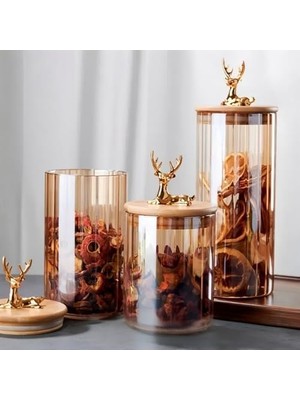 Nacario (9X15 Cm) 1 Adet Kehribar Renk Geyikli Cam Saklama Kavanozu Geyik Başı Altın Renk Y-491,KEHRIBAR