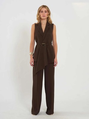 Lefon Kadın Önü Asimetrik Kemerli Yelek Takım 220633