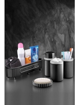 Nacario Banyo Takımı Diş Fırçalık Sıvı Sabunluk Katı Sabunluk Pamukluk 5 Li Set Siyah 3386