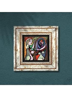 Nacario Picasso Ayna Karşısındaki Kız Taş Duvar Tablosu - Çerçeveli Taş Tablo - Dekoratif Duvar Sanatı - Modern Ev ve Ofis Duvar Dekoru K1-301