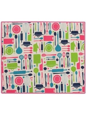 Nacario Mutfak Desen Bulaşık Kurutma Altlığı, 35X45 Cm, Pembe ve Yeşil Çerçeveli, Mutfak Gereçleri Desenli