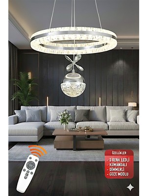 St Aydınlatma Heidi Krom Kaplamalı Kumandalı 3 Renk Işıklı Lüks Tasarım Ledli Avize Çap 40 cm