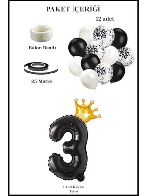 Nacario 3 Rakam Siyah Folyo Balon, Kral Tacı ve Konfetili Siyah Balon Set