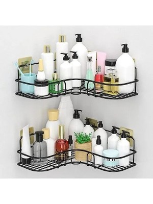 Celısse Yapışkanlı 2 Adet Banyo Köşeliği Köşe Rafı Duş Şampuanlık Duvar Düzenleyici Organizerraf Siyah Metal