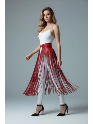 Esranın Dünyası Kırmızı Etek Uzun Püskül Detaylı Etek Suni Deri Etek - BRF1003 RSPER34-ESRDNS