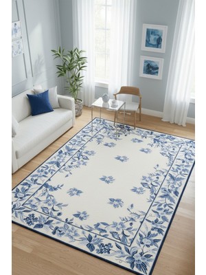 The Reef Design Mavi Beyaz Çiçek Desenli Salon Halısı Vintage Dekoratif Dijital Basklı Kaymaz Tabanlı Halısı