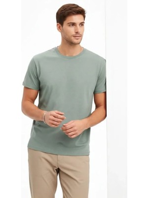 Aesco Erkek Bisiklet Yaka Tişört Regular Kalıp Basic Pamuklu Günlük Kullanım T-Shirt - Mint Yeşili