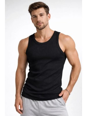 Aesco Erkek Fitilli Atlet Sıfır Yaka Slim Fit Arka Baskılı Spor Atlet - Siyah