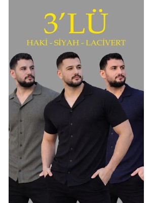 Aesco Erkek Waffle Dokuma Açık Yakalı Düğmeli Regular Kalıp 3’lü Gömlek Seti - Siyah, Haki, Lacivert