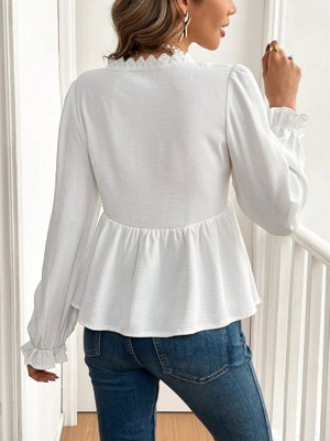 Aesco Kadın Uzun Kollu V Dantel Yaka Aerobin Bluz