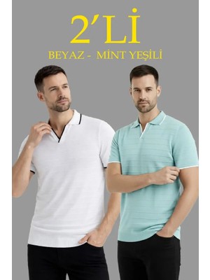 Aesco Erkek 2’li Paket Triko Yakalı Düğmesiz Açık Yaka Fitilli Kısa Kollu Regular Fit Tişört - Beyaz - Mint Yeşili