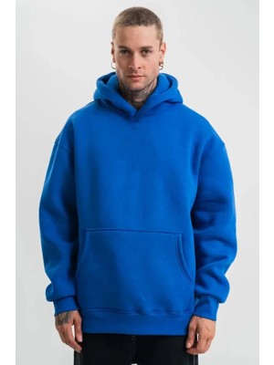 Aesco Erkek Saks Mavi Double Oversize 3 Iplik Pamuklu Kapüşonlu Kanguru Cepli Sweatshirt Hoodie - Saks Mavi