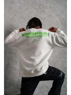 Aesco Erkek Oversize Sweatshirt – Beyaz Renk  Ön ve Sırt Baskılı, Üç Iplik Içi Pamuklu Kumaş, Rahat Kalıp, Ribanalı Kışlık Sweat  Winagain Polizei Serisi - Beyaz