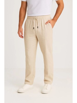 Aesco Erkek Keten Pantolon – Cepli, Beli Lastikli ve Bağcıklı, Nefes Alan Rahat Kalıp, Yazlık ve Baharlık Günlük Giyim, Şık - Konforlu Boru Paça Model - Bej