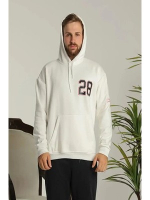 Aesco Erkek Sırt Baskılı Oversize Üç Iplik Kapüşonlu Sweatshirt - Beyaz