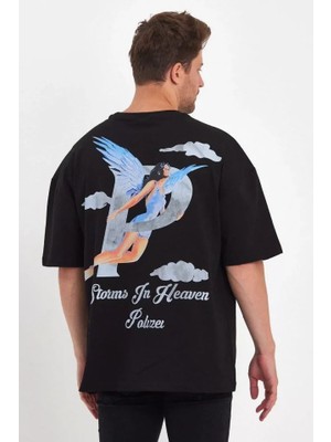 Aesco Erkek Melek Baskılı Oversize T-Shirt - Siyah
