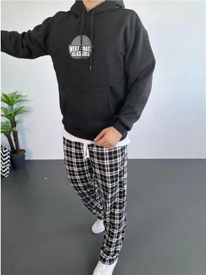 Aesco Erkek Oversize Üç Iplik Kapüşonlu Sweatshirt – Siyah Sırt ve Ön Baskılı, Kanguru Cepli, Rahat Kalıp, Içi Pamuklu Model-Siyah