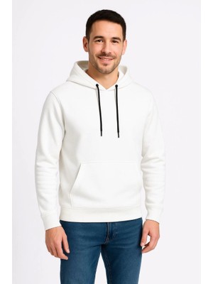 Aesco Erkek Üç Iplik Kapüşonlu Kanguru Cepli Sweatshirt Hoodie - Beyaz