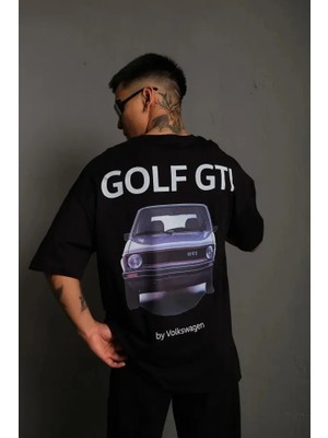 Aesco Erkek Oversize Baskılı Tişört – Golf Gtı Retro Araba Desenli, Ön - Arka Dijital Baskı, Sokak Modası Stil - Siyah