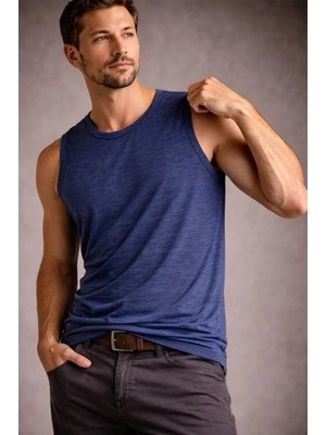Aesco Erkek Flamlı Kumaş Sıfır Kolsuz Atlet Basic Spor Üst, Günlük ve Fitness Kullanımına Uygun - Indigo