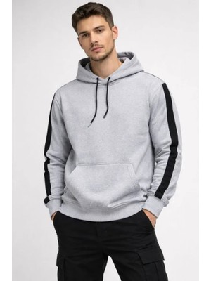 Aesco Erkek Şeritli Kapüşonlu Sweatshirt Oversize 3 Iplik Pamuklu - Beyaz