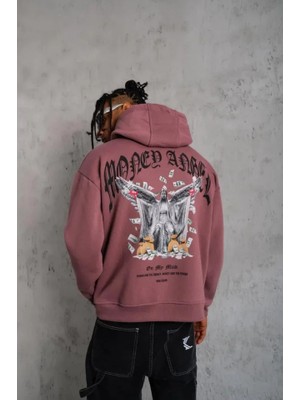 Aesco Erkek Kordon Ipli Baskılı Kapüşonlu Sweatshirt - Gül Kurusu