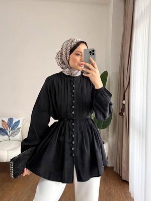Kadın Brit Düğmeli Nervürlü Tesettür Gömlek