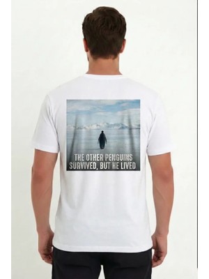 Aesco Erkek Oversize Tişört - Sırt Baskılı Survivor Penguin Temalı, Felsefi Yazılı Bisiklet Yaka Tişört - Beyaz