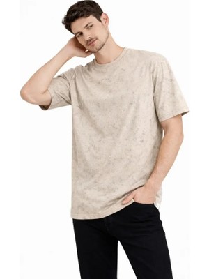 Aesco Erkek Asit Yıkama Bisiklet Yaka Kısa Kollu Oversize T-Shirt Tişört - Bej