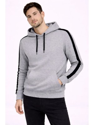 Aesco Erkek Şeritli Kapüşonlu Sweatshirt Oversize 3 Iplik Pamuklu - Gri