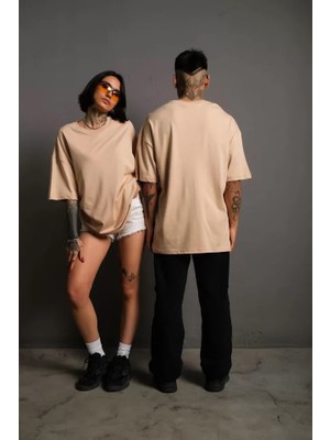 Aesco Erkek 24/1 Düz A Kalite Oversize T-Shirt - Bej