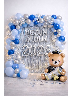 Mezuniyet Parti Süsleme Seti 2026 Ayıcıklı Mavi Gümüş Balon Zincirli Arka Fonlu Mezun Olduk Konsepti