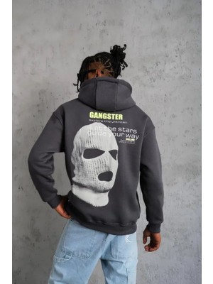 Aesco Erkek Kordonlu Maske Baskılı Kapşonlu Sweat - Gri