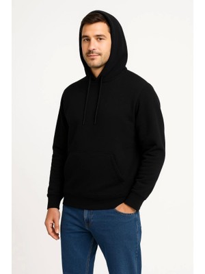 Aesco Erkek Üç Iplik Kapüşonlu Kanguru Cepli Sweatshirt Hoodie - Siyah