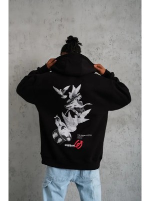 Aesco Erkek Şapkalı Güvercin Baskılı Kapşonlu Sweat - Siyah