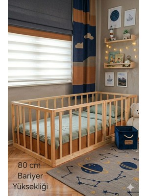 CopperWood Montessori Bebek ve Çocuk Karyolası Unisex 80 cm Bariyerli ve Kapılı Ahşap Park Yatak