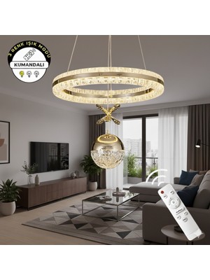 St Aydınlatma Heidi Gold Kaplamalı Kumandalı 3 Renk Işıklı Lüks Tasarım Ledli Avize Çap 40 cm