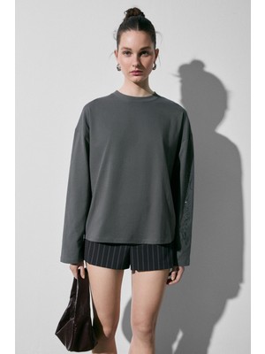 Grimelange Stonret Kadın Yumuşak Kumaşlı %100 Pamuk Taş Detaylı Uzun Kol Antrasit T-Shirt