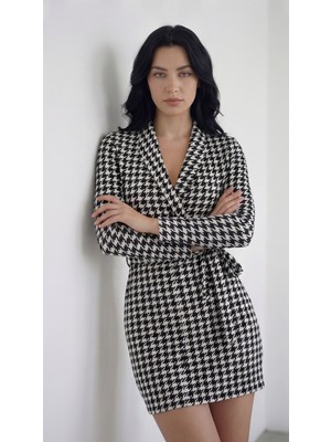 Aesco Kadın Uzun Kollu Kruvaze Yaka Bağlamalı Kemer Dalgıç Mini Boy Elbise