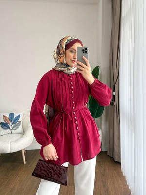 Kadın Brit Düğmeli Nervürlü Tesettür Gömlek