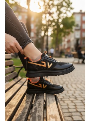 Enoch Kadın Siyah Turuncu Nefes Alabilir Fileli Saya Yapılı Yürüyüş Ayakkabısı