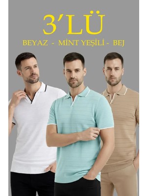 Aesco Erkek 3’lü Paket Triko Yakalı Düğmesiz Açık Yaka Fitilli Kısa Kollu Regular Fit Tişört - Bej, Beyaz, Mint Yeşili