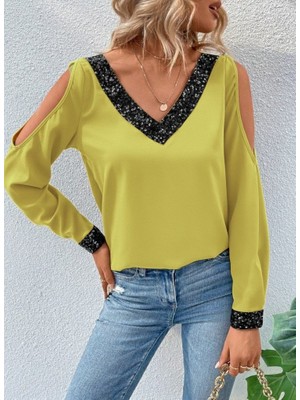 Aesco Kadın Uzun Kollu V Yakalı Omuzlardan Açık Sandy Bluz