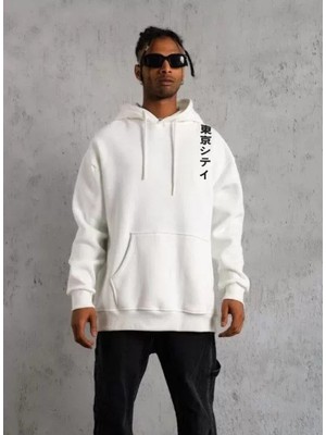 Aesco Unisex Kapşonlu Uzun Kol Baskılı Sweetshirt - Beyaz