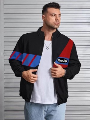 Aesco Unisex Uzun Koll Fermuarlı Baskılı Rüzgarlik - Siyah