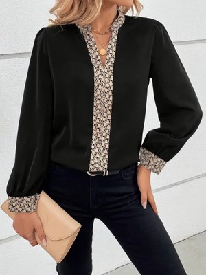 Aesco Kadın Uzun Kollu V Hakim Yakalı Desenli Ithal Krep Bluz