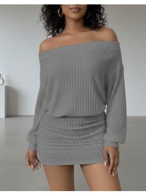 Aesco Kadın Uzun Kollu Madonna Yaka Yanlardan Büzgülü Şardonlu Kaşkorse Mini Elbise